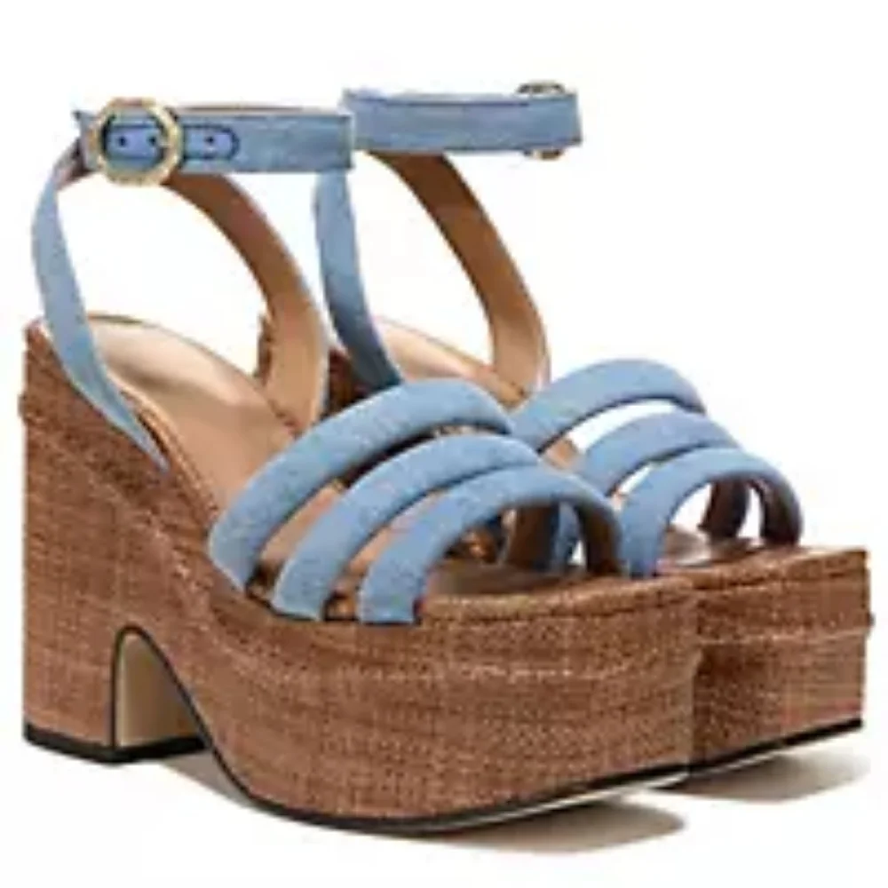 Sam Edelman Tibby Blue Denim Platform Wedge Sandals Sz 8.5 - Picture 3 of 12